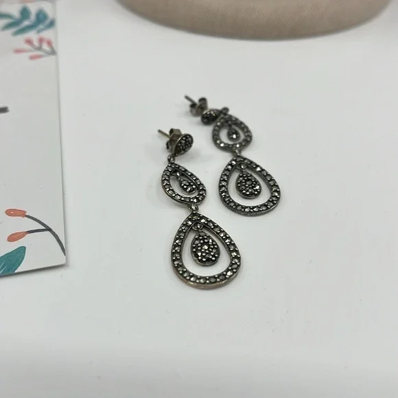 Suspicion Marcasite 🖤 Sterling Silver Teardrop Stud Earrings 🌟 - Picture 8 of 13